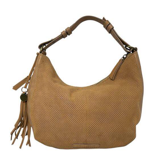 Lucky Brand Ebon Tan Perforated Nubuck Leather Small Hobo Shoulder Bag - Picture 1 of 7